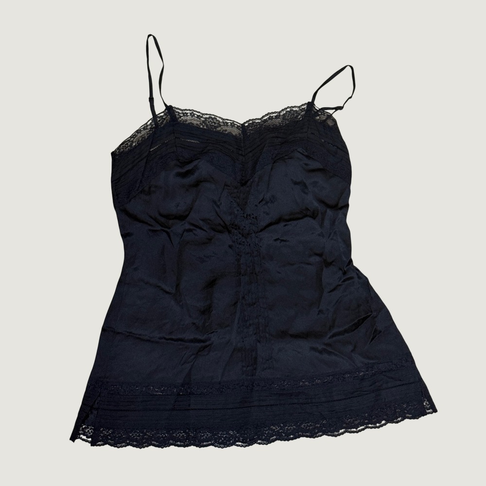 White House Black Market Lace Trim Silk Cami Top Black XS Coquette Romantic Goth